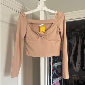 Zoya Tan Long Sleeve Crop Blouse with Tie Front